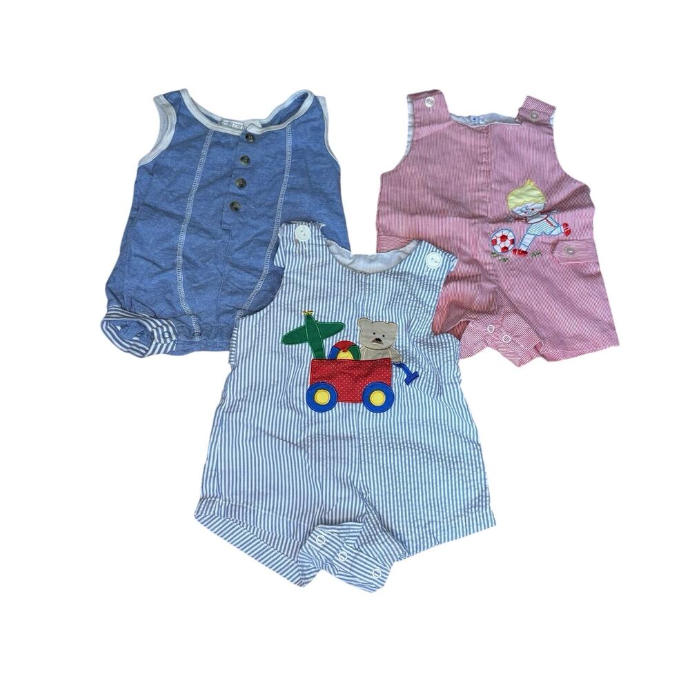 Vintage Boys Romper Lot 6-12M 90s Seersucker Stripe Applique Sport Soccer 3pc